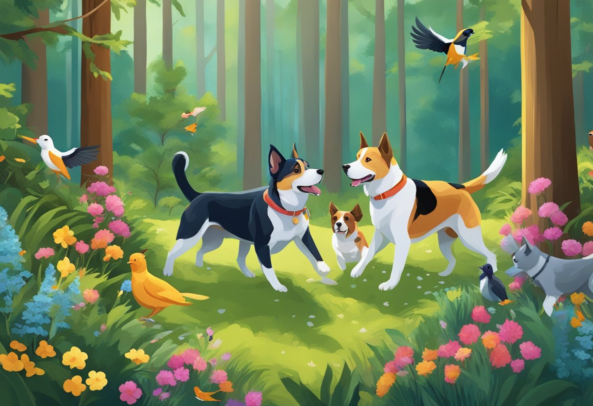 A group of dogs playing in a lush forest, surrounded by tall trees, colorful flowers, and chirping birds