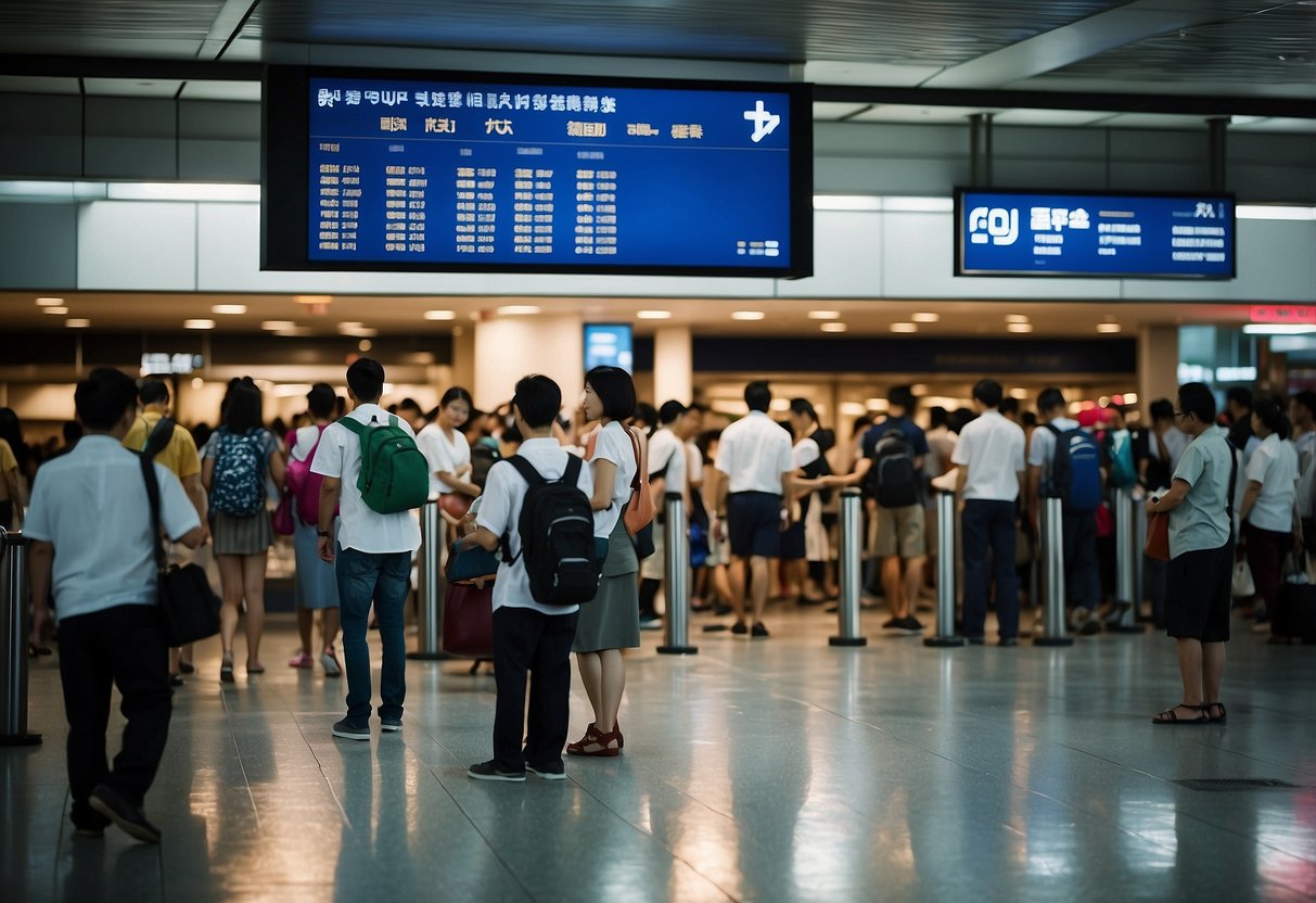 Passengers lining up at a Singapore bus station, with a sign reading "Busan" above a ticket counter