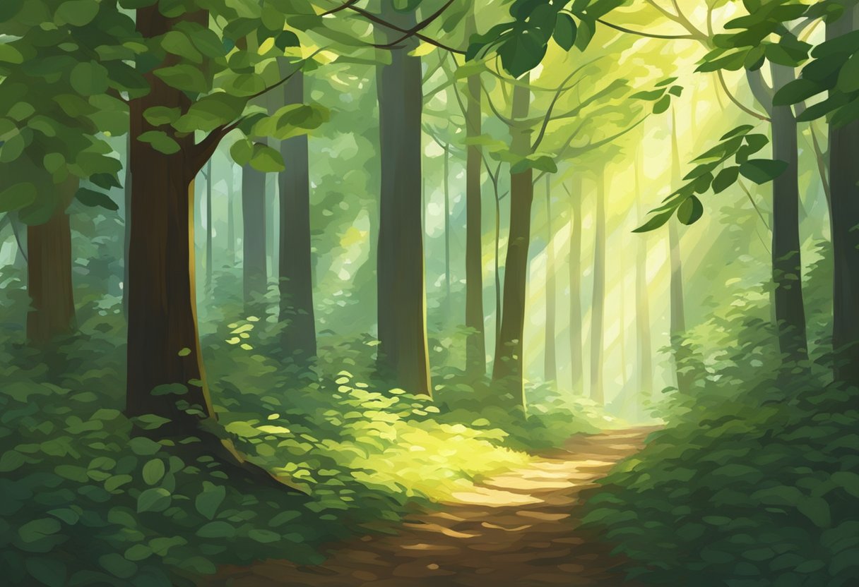 Sunlight filters through the dense canopy, casting dappled shadows on the forest floor. A gentle breeze rustles the leaves, creating a soothing symphony of nature's music