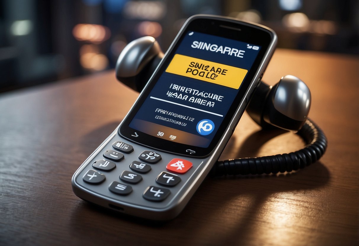 A phone with "Singapore Police" and the emergency number "999" displayed, surrounded by question marks