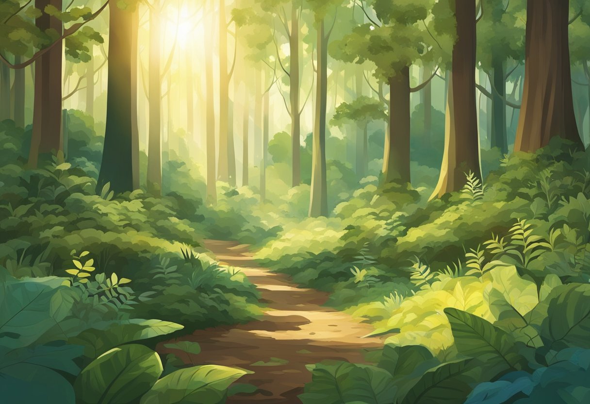A peaceful forest clearing with a variety of trees, plants, and woodland creatures. The sunlight filters through the leaves, creating dappled patterns on the forest floor