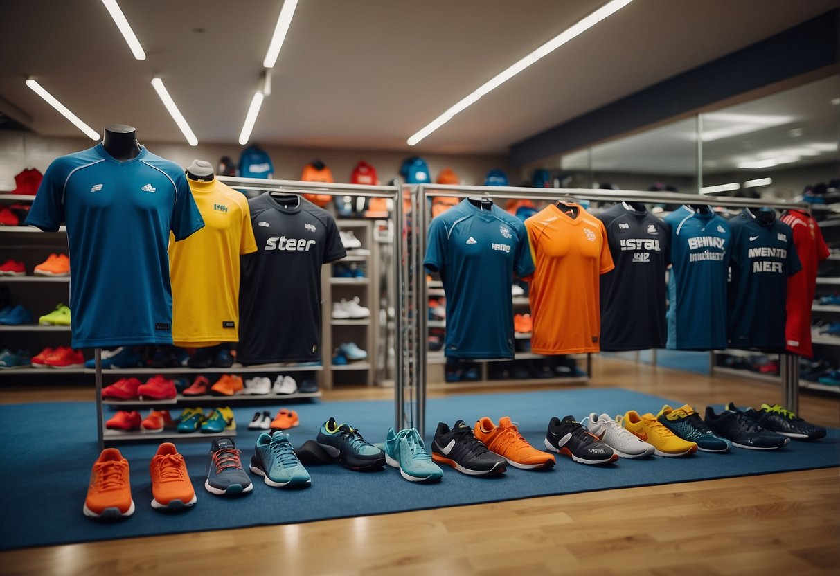 A bright, spacious sports shop with shelves stocked with colorful athletic gear and equipment. A display of running shoes and jerseys catches the eye near the entrance