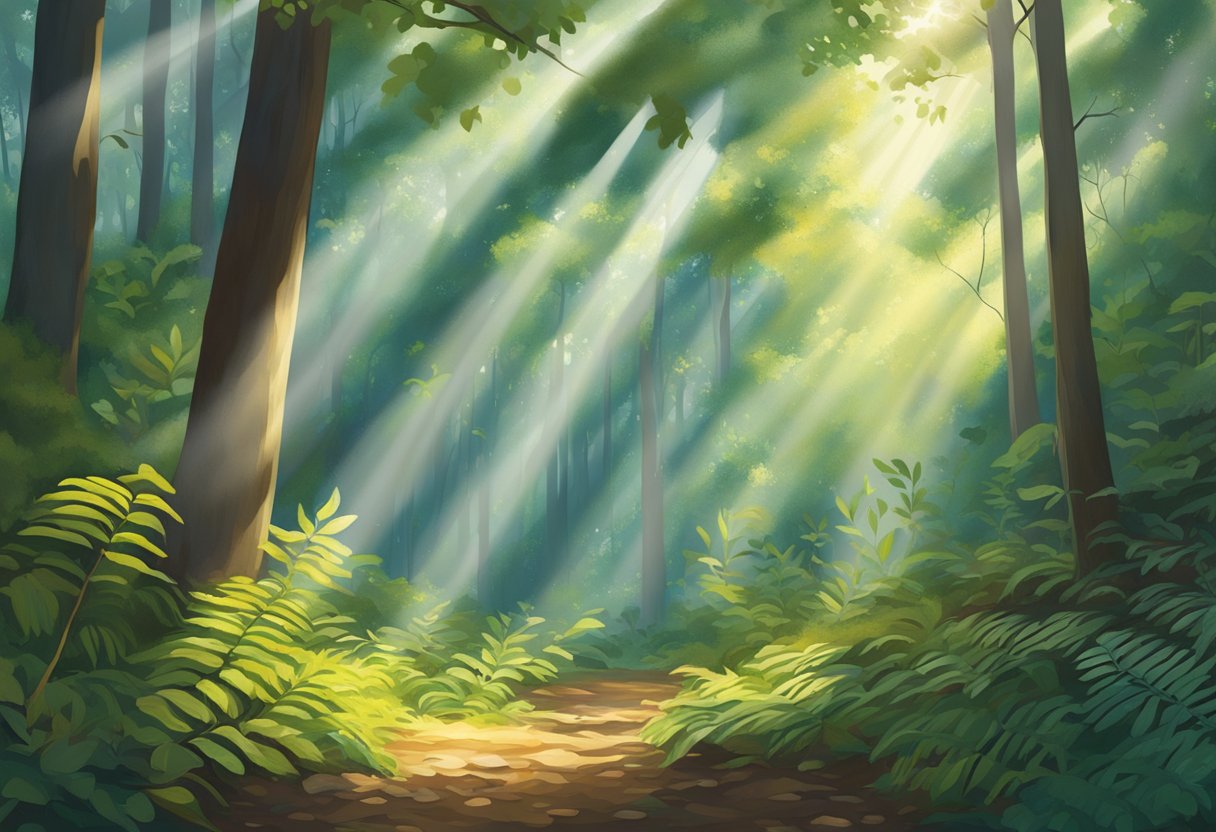 Sunlight filters through the dense canopy, casting dappled patterns on the forest floor. A vibrant array of colors from the flora and fauna inspires a sense of wonder and creativity