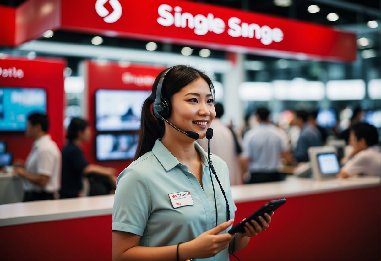 A customer service representative answering questions at a Singtel Singapore booth