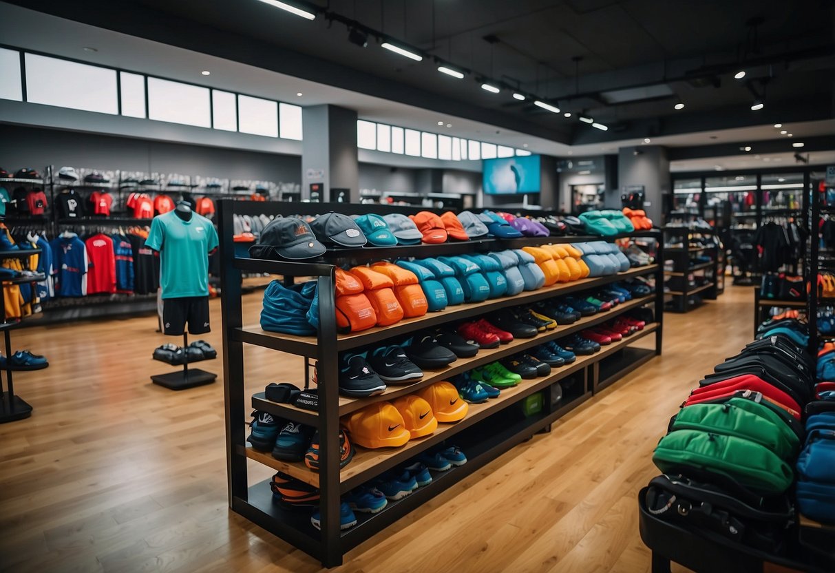 A bustling sports shop in Singapore, filled with rows of colorful athletic gear and equipment, with customers browsing and staff assisting