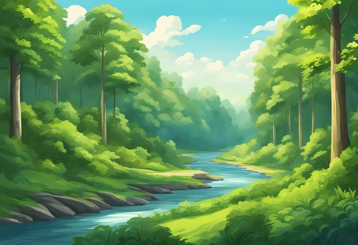 Lush green forest with towering trees, a winding river, and a clear blue sky