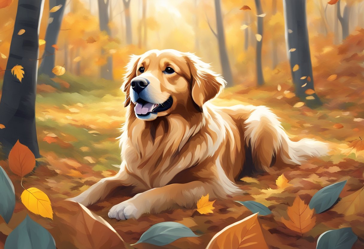 A golden retriever named Autumn plays in a colorful forest, surrounded by falling leaves and a gentle breeze