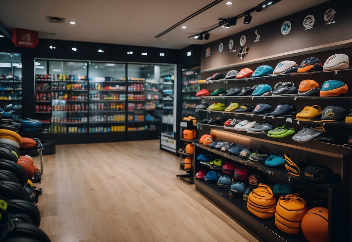 A bustling sports shop in Singapore, with shelves lined with colorful gear and a display of frequently asked questions for customers