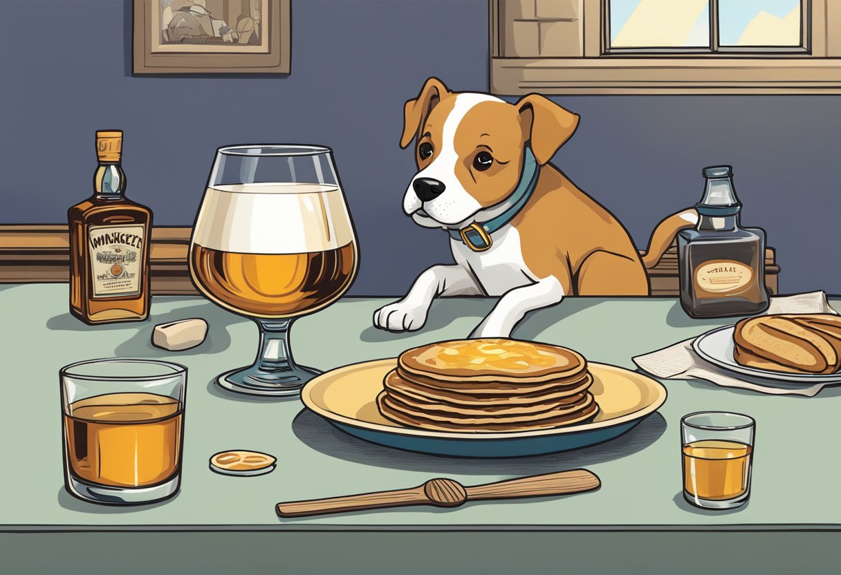 A dog eagerly laps up a bowl of "Whiskey" while a plate of "Pancake" sits nearby