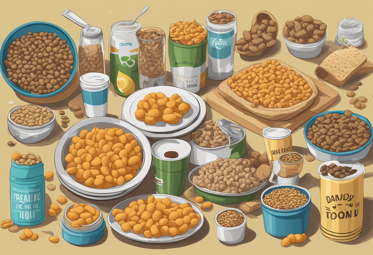 A table filled with dog food and drink items, surrounded by playful dogs with food-inspired names