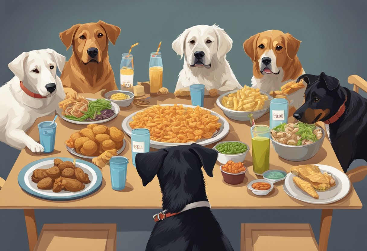 A group of male dogs gather around a table filled with food and drinks, each with a name tag indicating appetizing food or drink-inspired names