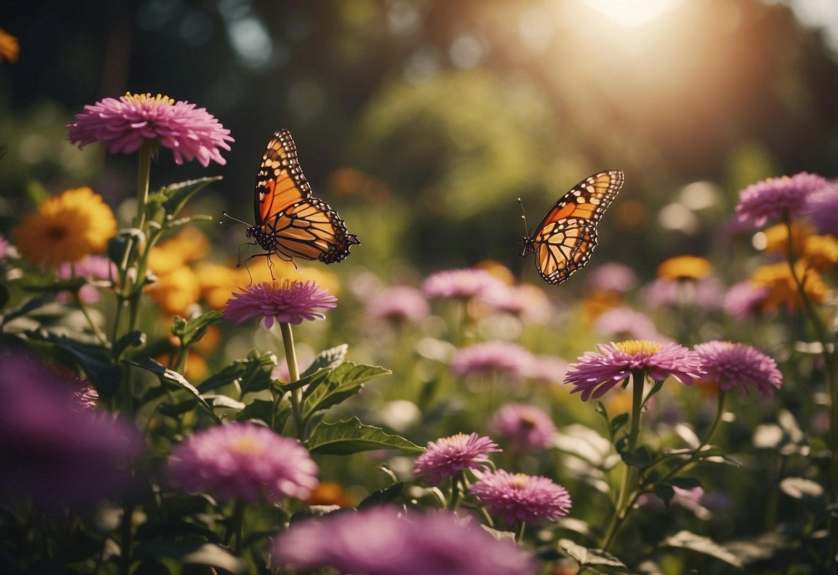 Vibrant flowers bloom in a lush garden, surrounded by winding paths and colorful foliage. The sun casts a warm glow, while butterflies flit from flower to flower