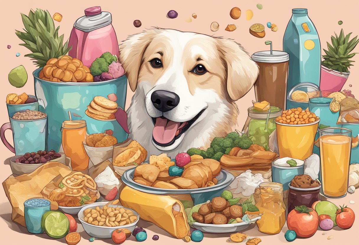 A variety of food and drink items scattered around a playful female dog with a happy expression