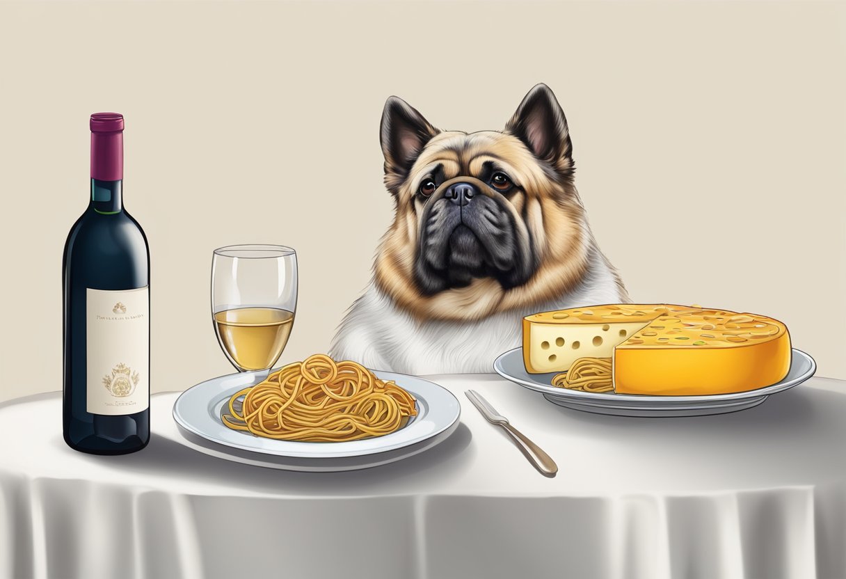 A dog sitting next to a table with food and drink items, such as a bowl of spaghetti, a glass of wine, and a plate of cheese