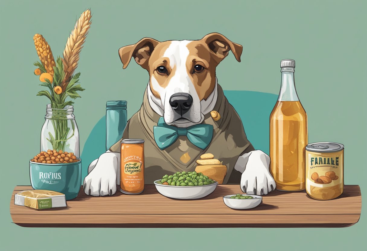 A dog sitting next to a table with various food and drink items, looking up at a sign that reads "Picking the Perfect Food-Inspired Name"