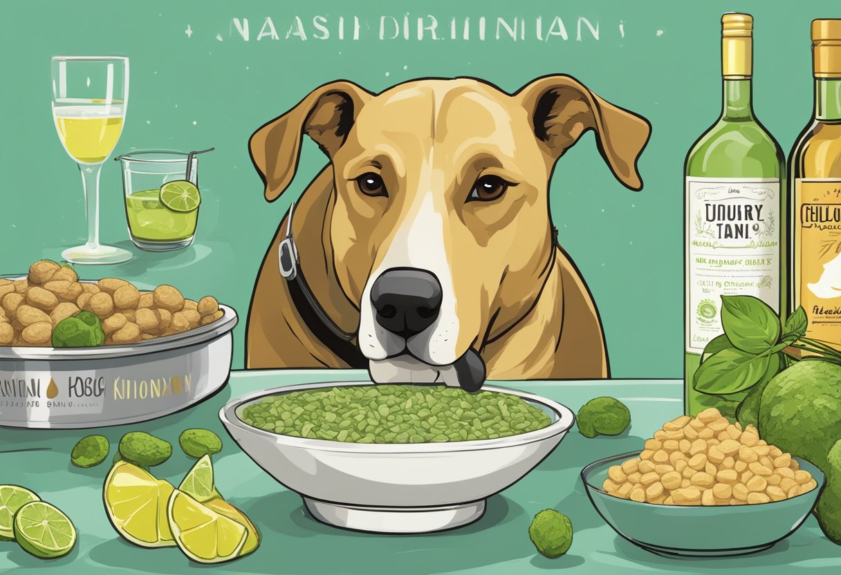A dog eagerly sniffs a bowl of kibble labeled "Chardonnay" while a water dish marked "Mojito" sits nearby. The backdrop showcases various food and drink labels, highlighting the significance of culinary-inspired dog names