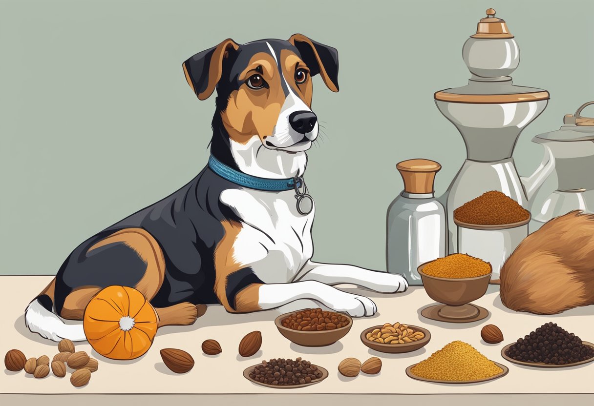 A dog sitting in front of a table with various nuts and spices scattered around. The dog looks curious and eager, with its tail wagging