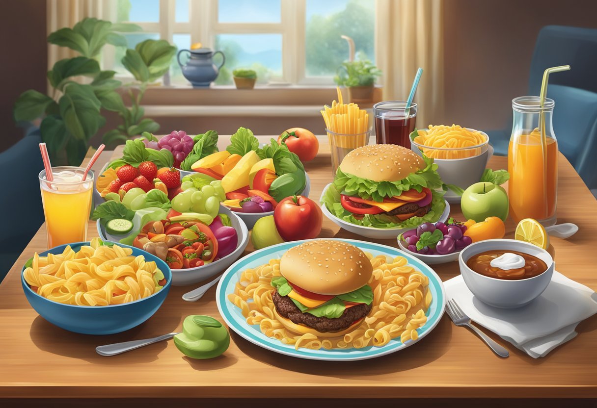 A table set with a variety of food and drink items, including a steaming bowl of pasta, a juicy burger, a tall glass of iced tea, and a colorful array of fruits and vegetables
