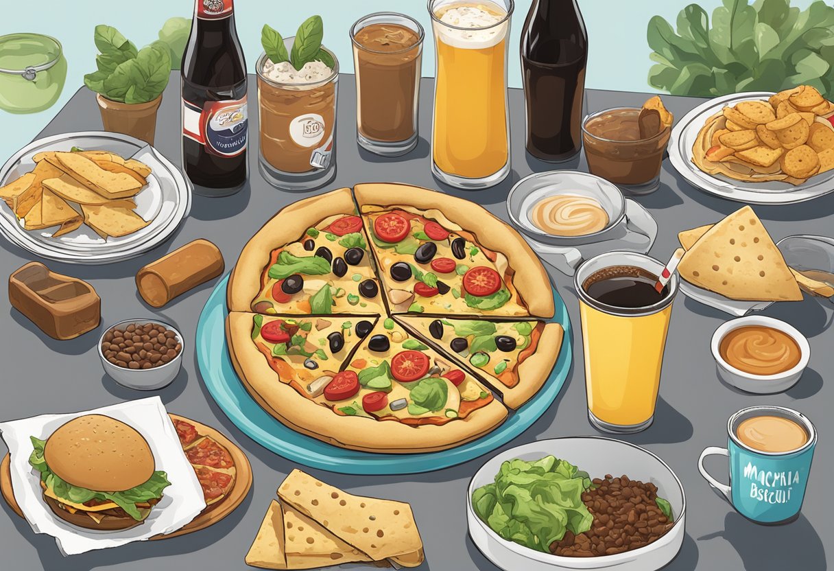 The scene shows a variety of food and drink items, such as pizza, taco, coffee, and soda, with dog collars and tags featuring names like "Mocha," "Nacho," and "Biscuit."