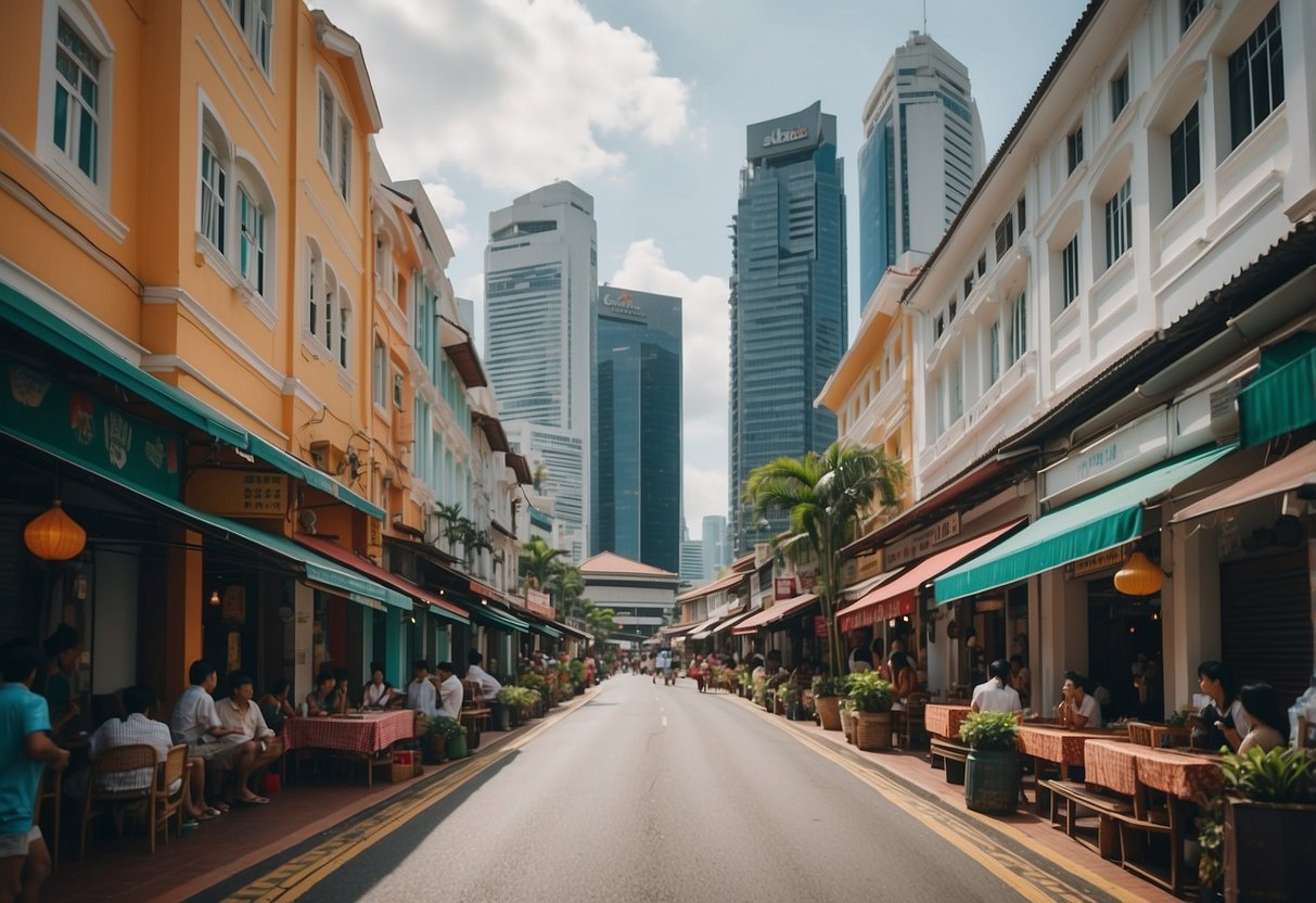 A bustling street in Singapore, with colorful shophouses, bustling markets, and iconic landmarks like the Marina Bay Sands and the Singapore Flyer