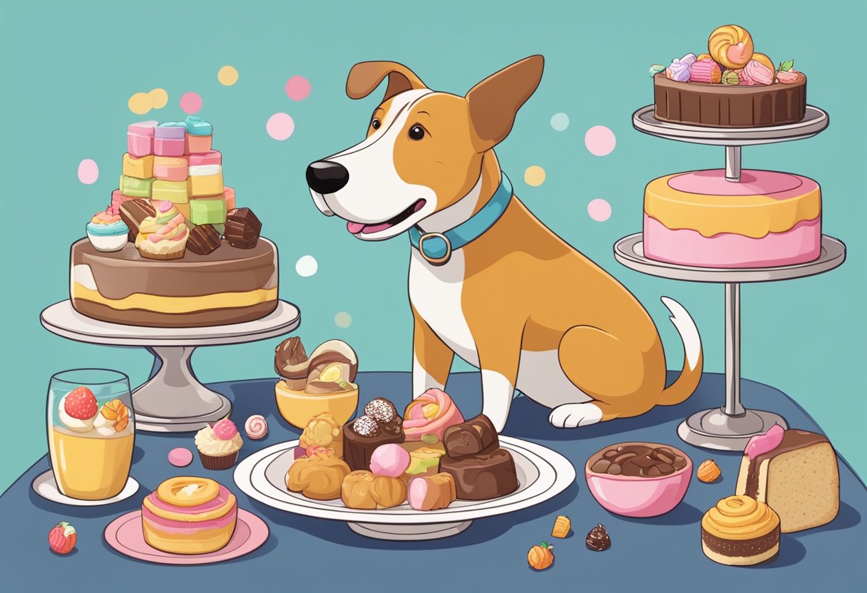 A dog sitting at a table surrounded by various desserts and sweets, looking up with a happy and inspired expression
