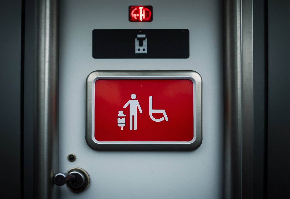 A red and white "Toilet" sign on a metal door in Singapore