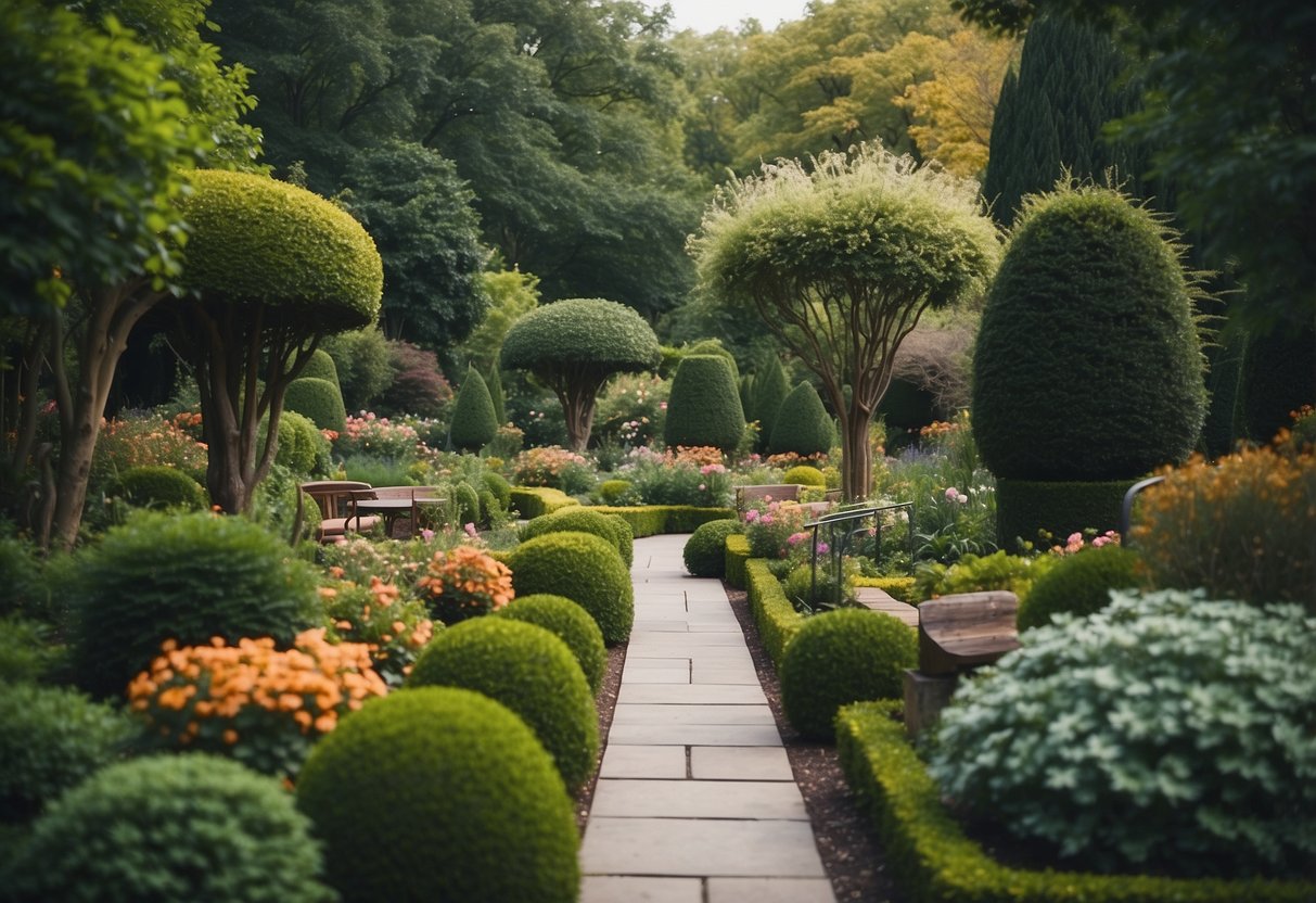 A lush garden with winding pathways, vibrant flower beds, and cozy seating areas surrounded by towering trees and whimsical sculptures