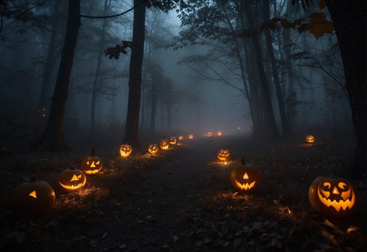 A spooky forest with glowing pumpkins, eerie fog, and shadowy creatures lurking in the darkness. Sinister laughter echoes through the air