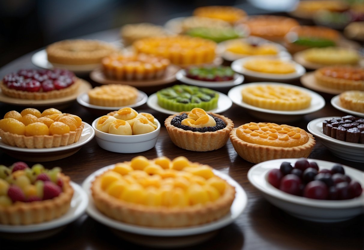A table filled with colorful and diverse tart varieties from Singapore, showcasing different shapes, sizes, and flavors