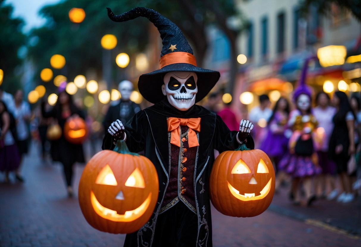 The scene shows a spooky Halloween-themed parade with colorful floats, costumed characters, and eerie decorations at Universal Studios Singapore