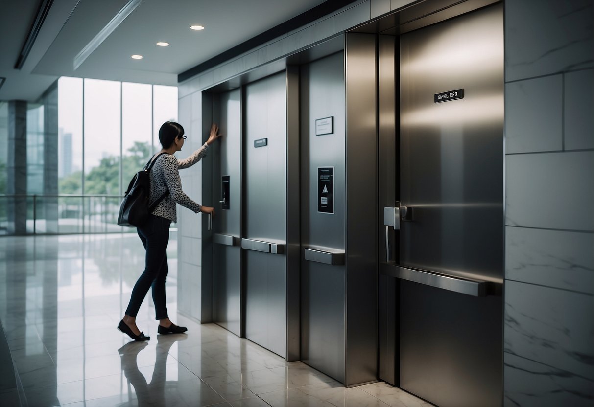 A person reaching for the handle of a sleek, modern toilet door in Singapore. The door is labeled with clear signage indicating the gender-neutral restroom