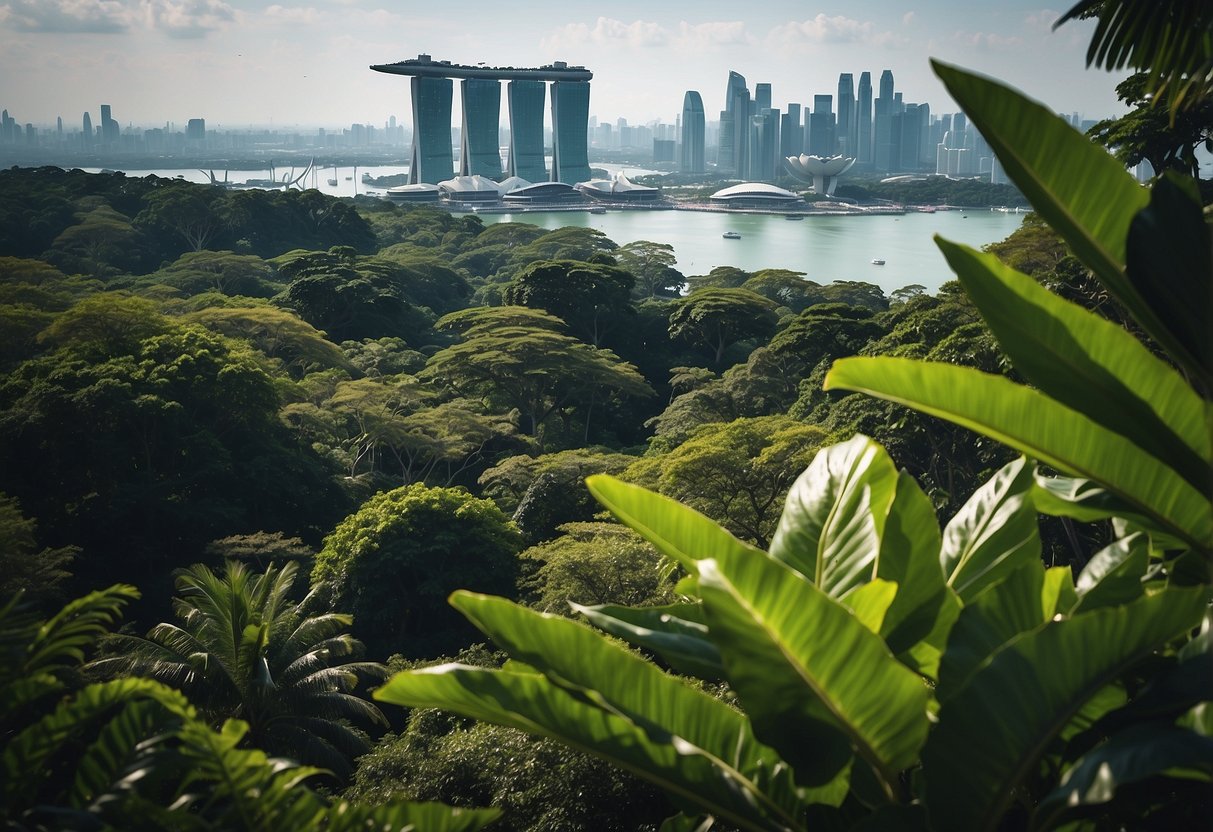 A lush green jungle with exotic wildlife, clear blue waters, and a diverse array of plant life, all set against the backdrop of the iconic Singapore skyline