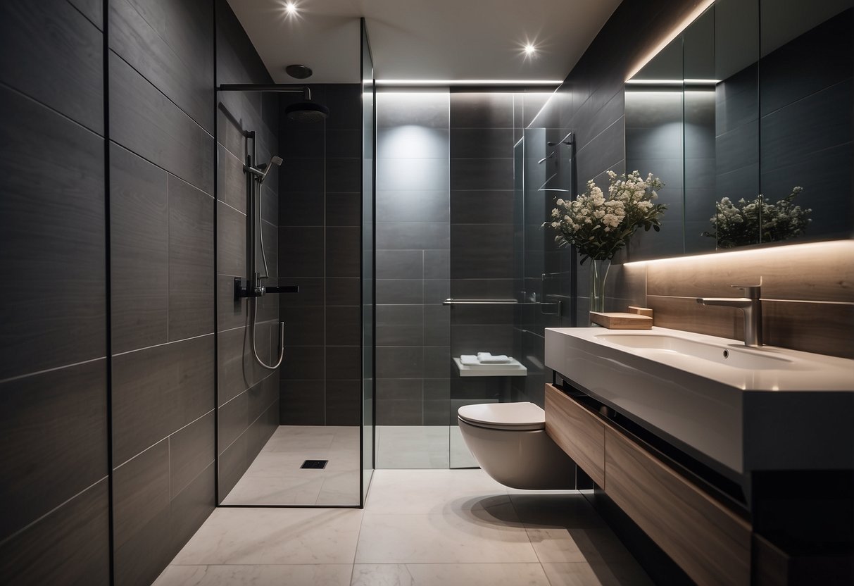 A modern, sleek toilet door in a clean, minimalist bathroom setting with high-quality fixtures and elegant lighting