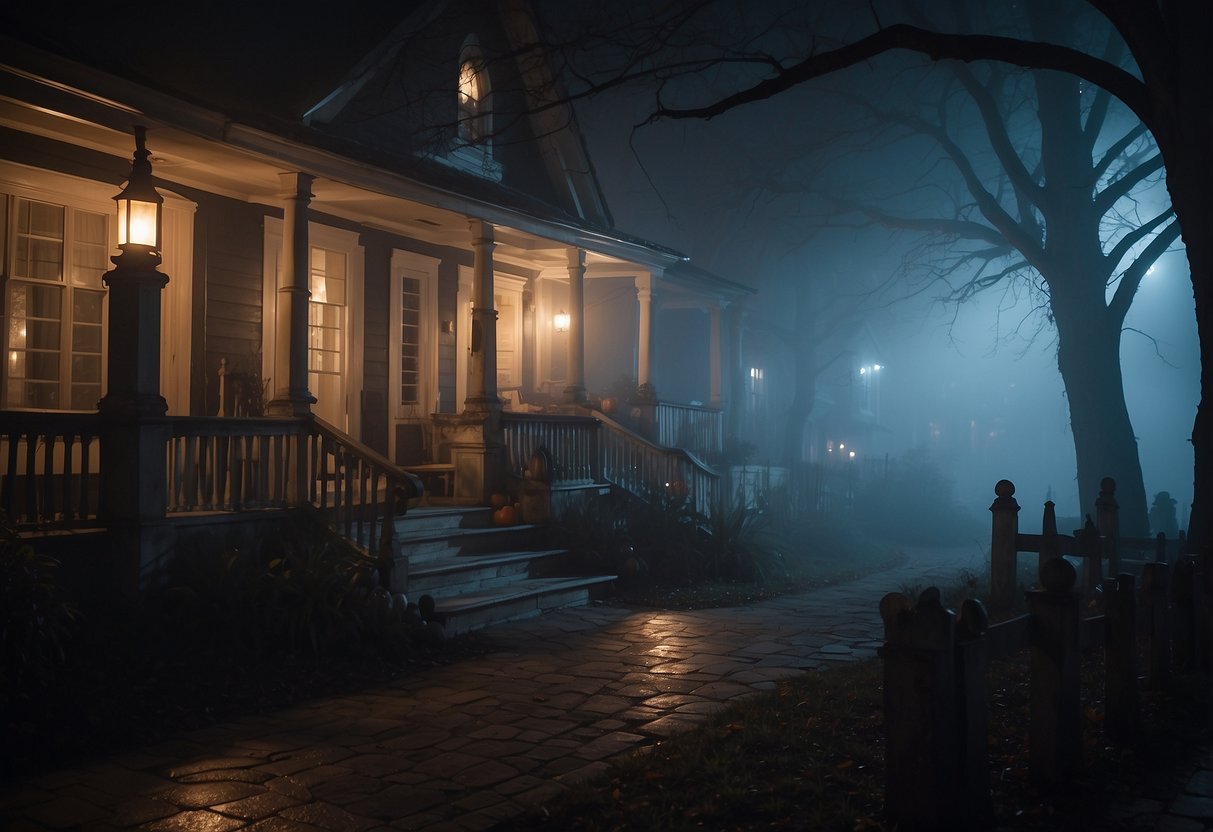A spooky haunted house with eerie lighting and fog, surrounded by Halloween-themed decorations and costumed characters