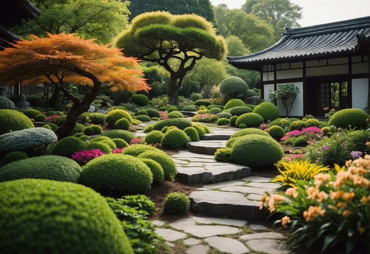 A lush garden with vibrant flowers, winding pathways, and various themed sections, such as a Japanese Zen garden, a tropical oasis, and a formal English garden