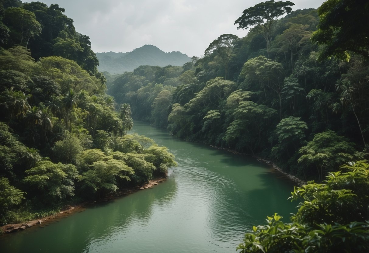 A lush green forest with diverse wildlife, a clean river flowing through, and people working together to protect the environment in Singapore