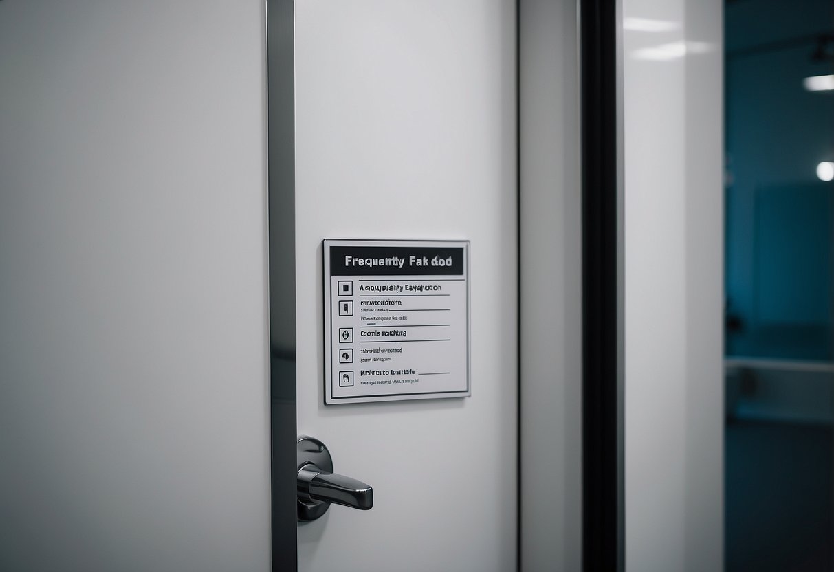 A sign on a clean, white toilet door in Singapore with "Frequently Asked Questions" in bold, black letters