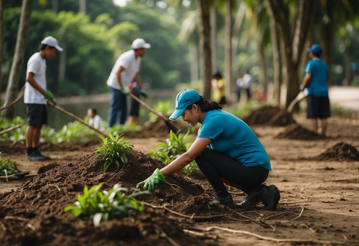 People engaging with WWF Singapore's conservation efforts, planting trees and cleaning up beaches