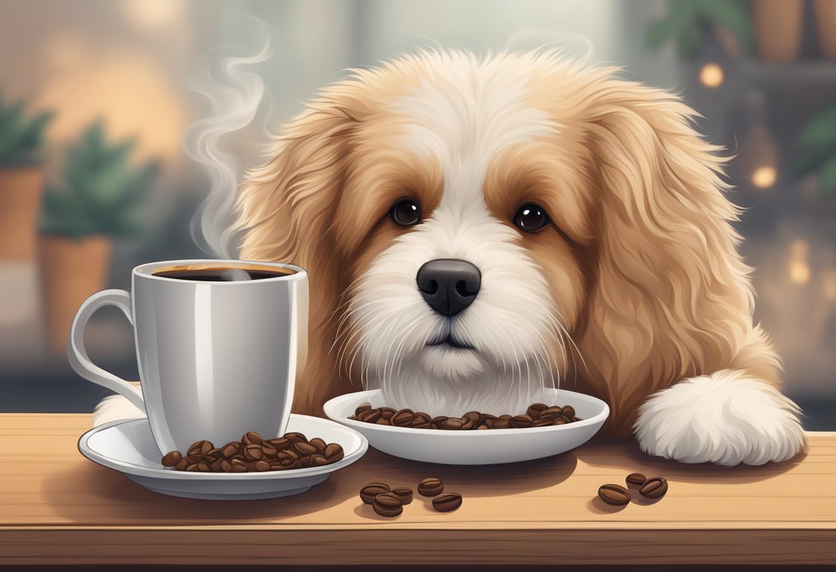 A fluffy dog sits beside a steaming cup of coffee, surrounded by coffee beans and a coffee mug with paw prints