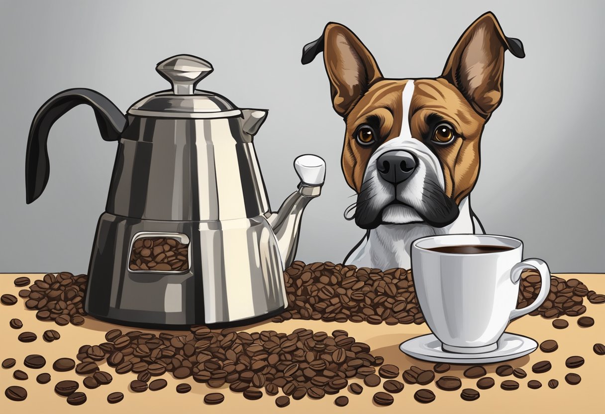 A dog with a coffee cup in its mouth, surrounded by coffee beans and a coffee pot