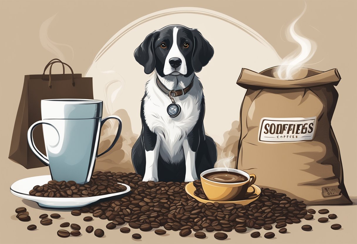 A dog sitting beside a steaming cup of coffee, surrounded by bags of coffee beans and branded coffee mugs
