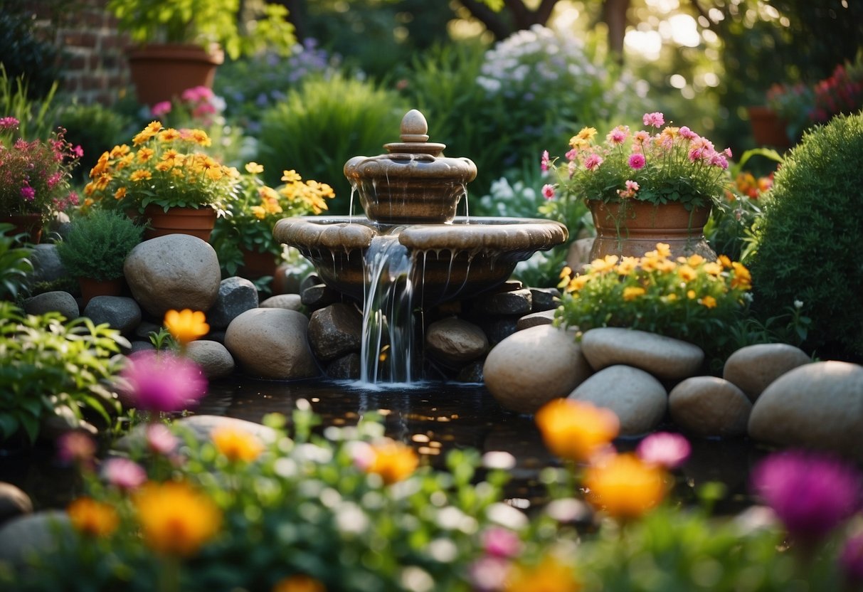 A lush garden bursting with vibrant flowers, unique planters, and whimsical sculptures. Cascading water features and winding pathways create a sense of enchantment