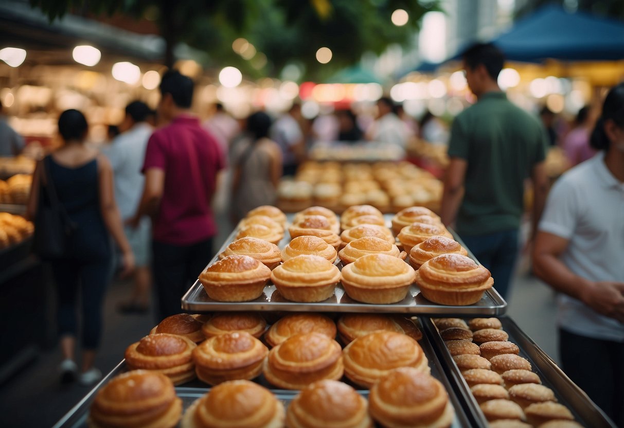 A bustling street market with colorful stalls selling an array of freshly baked tarts in Singapore. The aroma of buttery pastry and sweet fillings fills the air