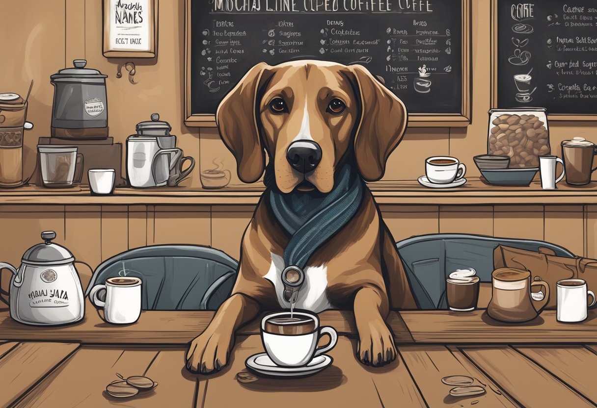 A dog sitting in a cozy coffee shop, surrounded by steaming mugs and bags of coffee beans. A chalkboard lists coffee-inspired dog names like Mocha and Java