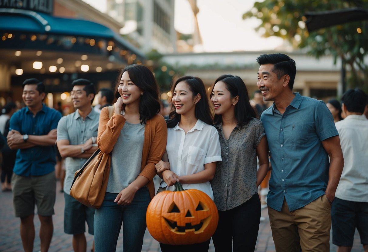 A group of people of various ages and backgrounds line up in front of a Universal Studios Singapore Halloween event, eagerly asking questions to staff members