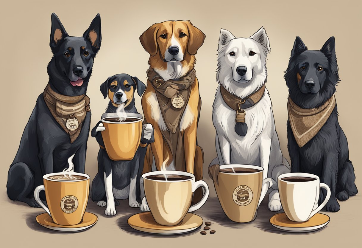 A pack of dogs gather around a steaming cup of coffee, each one with a unique coffee-related name tag around their necks