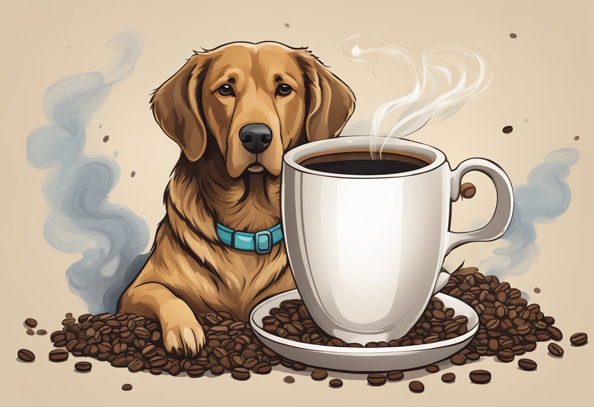 A dog sitting next to a steaming cup of coffee, with coffee beans scattered around and a sign that reads "Unique Coffee Terms for Dog Names."