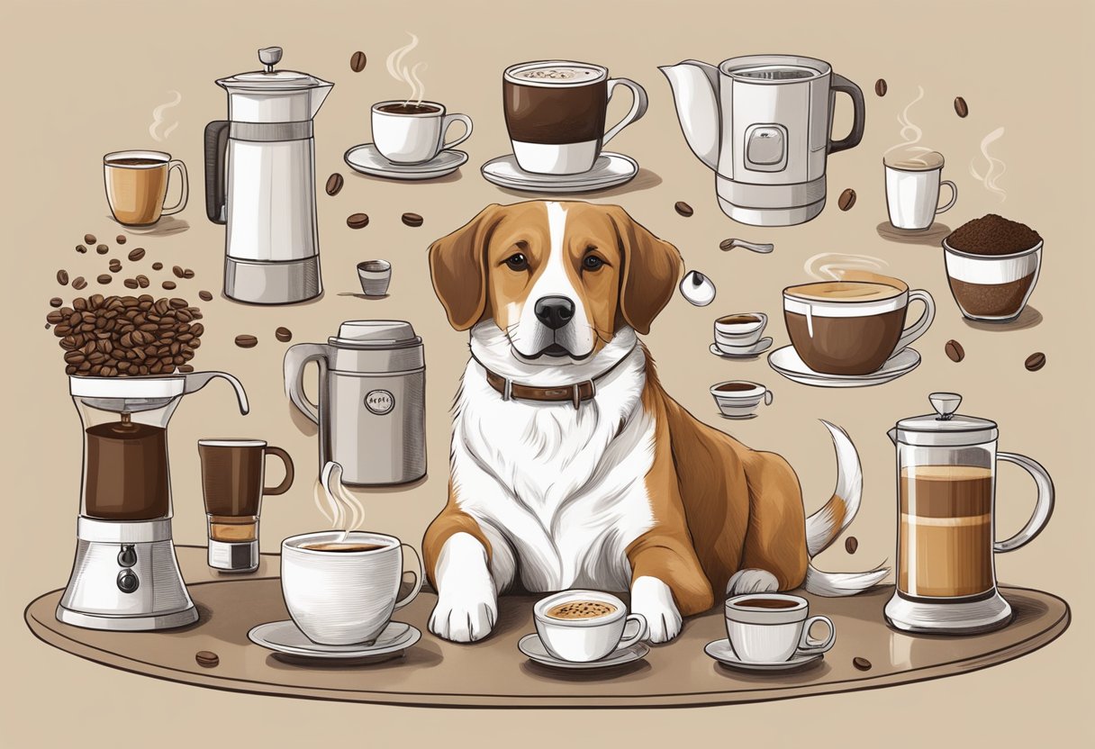 A dog surrounded by coffee equipment, with names like Mocha, Latte, and Espresso floating around