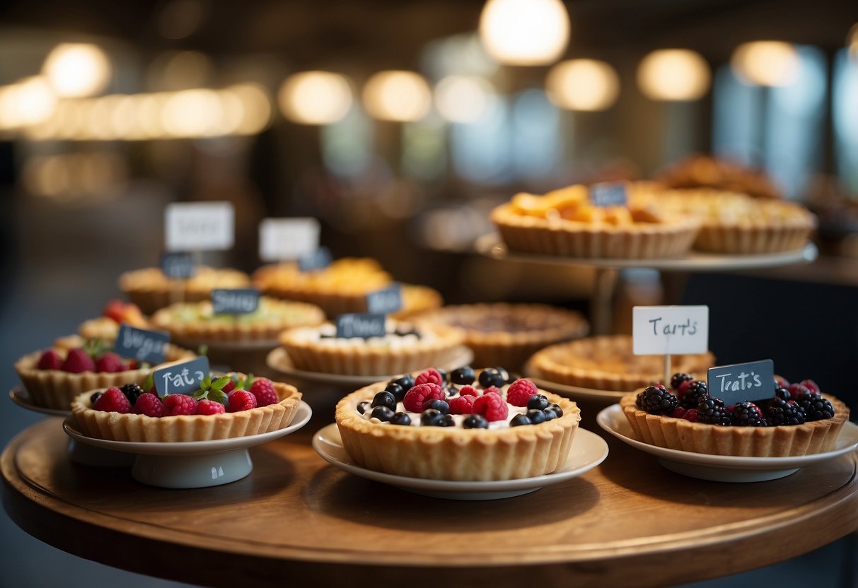 A table with various tarts on display, a sign with "Frequently Asked Questions" and the word "tarts" in bold