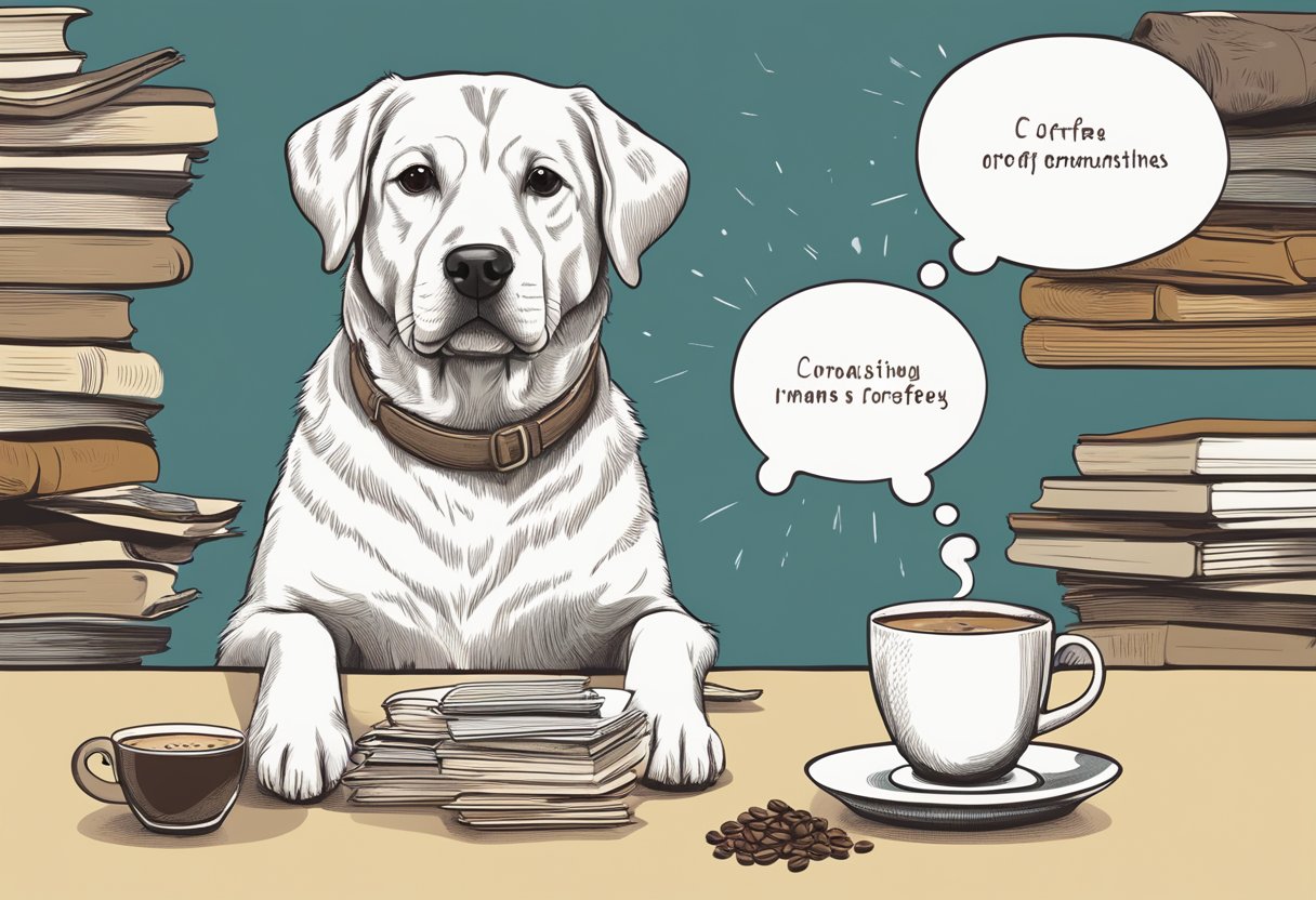 A dog sits beside a steaming cup of coffee, with a thought bubble above its head filled with various coffee-related names